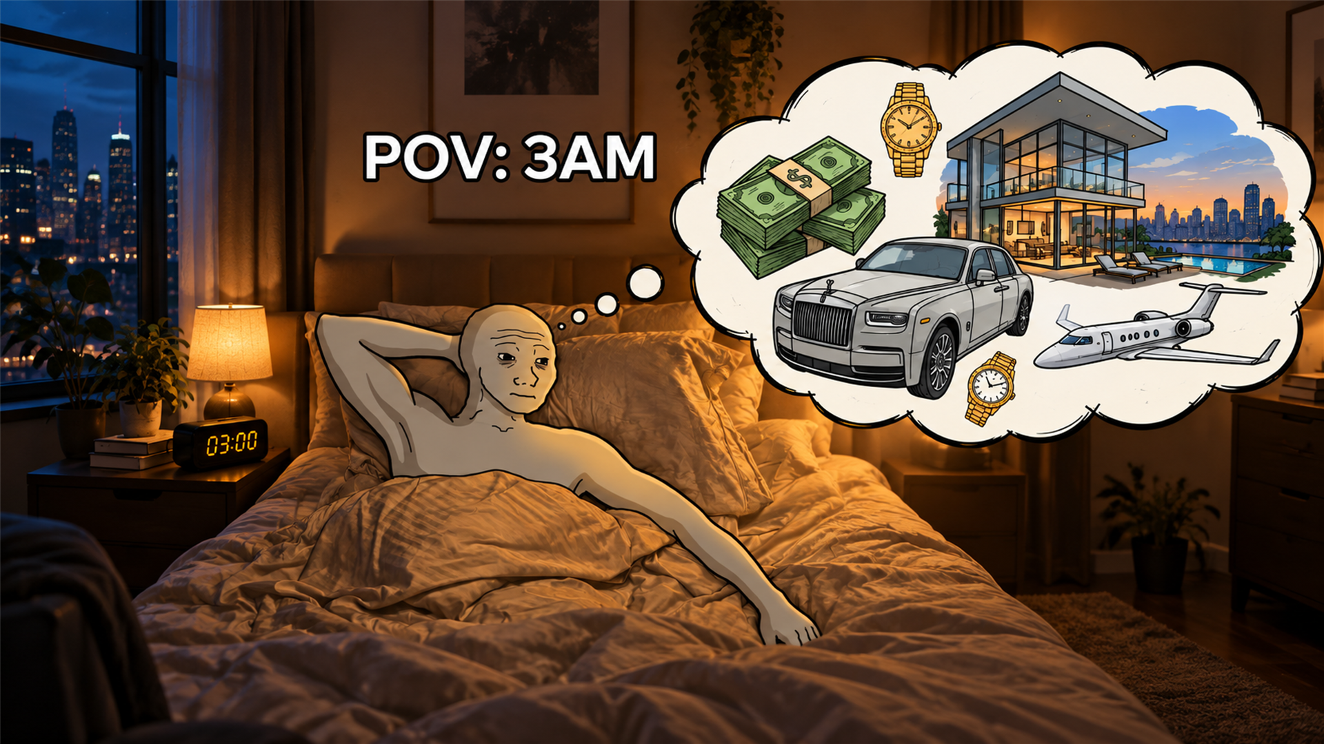 Wojak awake in bed at 3AM imagining money, a mansion, a car and a private jet