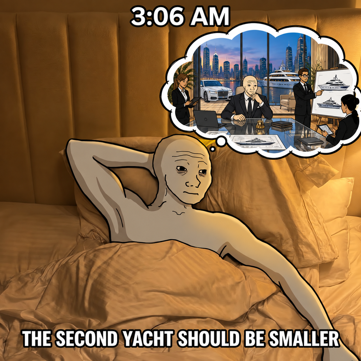 At 3:06 AM Wojak imagines himself choosing his second yacht