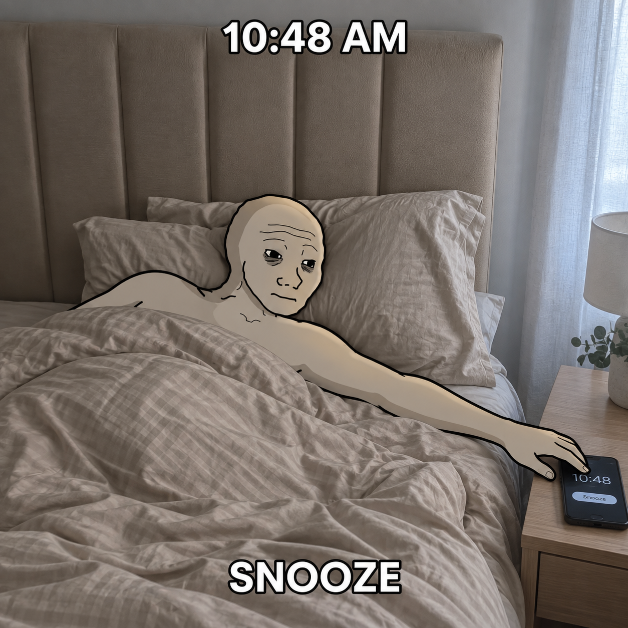 At 10:48 AM Wojak reaches for the snooze button